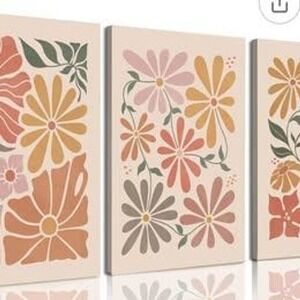 Modern Minimalist Flower Wall Art 3pc Set Mustard Yellow, Terracotta, Peach